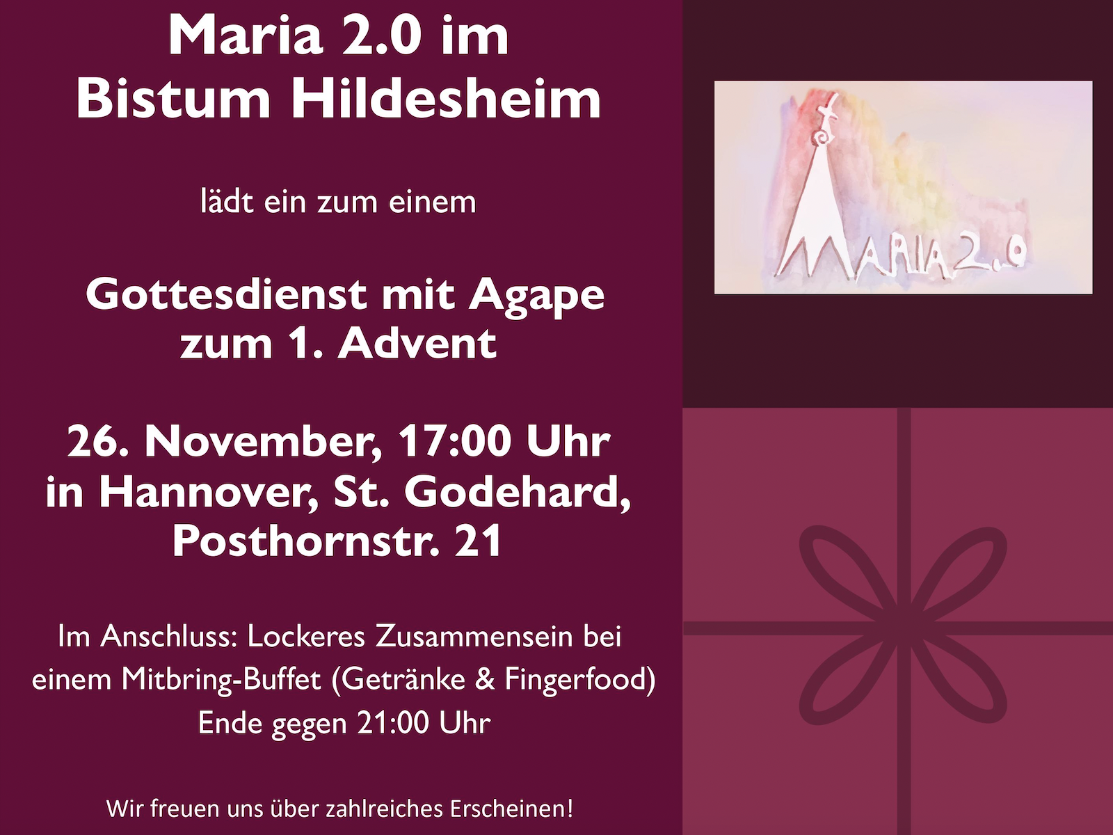 Gottesdienst mit Agape zum 1. Advent, 26. November, um 17:00 Uhr in Hannover
